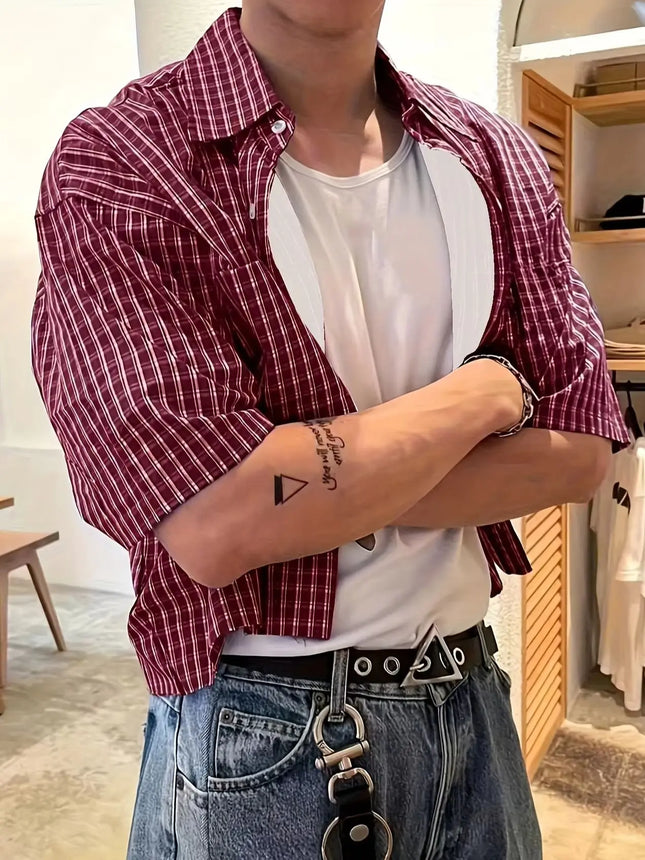 Men's Short-Sleeved Button-Up Shirt, Retro Red Checkered Striped Casual Shirt, Suitable for Summer Streetwear Tops
