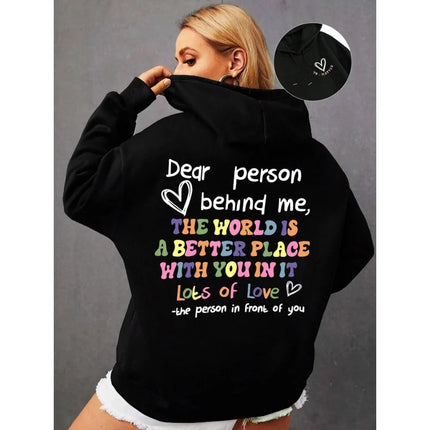 Women Dear Person Behind Me Rainbow Letter Print Hoodie Oversized Soft Fleece Hooded Sweatshirt Men Casual Street Pullover Tops