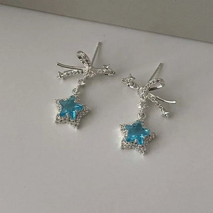 Kpop Y2K Blue Crystal Star Pendant Earrings for Women Exquisite Elegant Zircon Bowknot Pentagram Earrings Jewelry Birthday Gifts