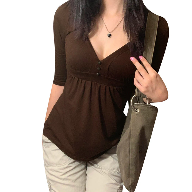 2000s Women's Clothing Solid Color Shirt, Elbow Length Sleeve V-neck Button Decor Chest Loose Hem Tops Tee for Female