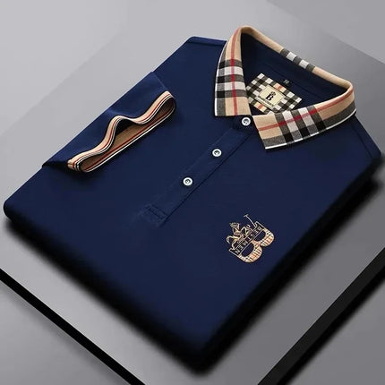 Luxury brand men's short-sleeved polo shirt, summer high-end fashion, plaid embroidery, lapel, casual T-shirt, breathable cotton top