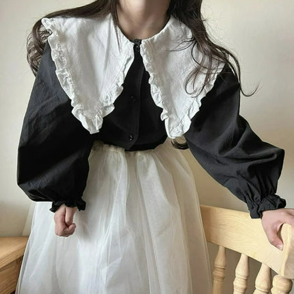 Classic Girls Elegant Ruffle Collar Blouse Long Sleeve Shirt Japanese Style Color Block Top Cotton Linen Shirts for Children