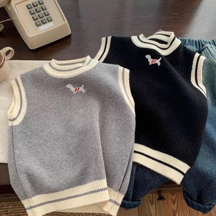 Spring Autumn Baby and Girls Boys Contrast Knitted Sweater Waistcoat School Kids Vest Jacket Children Outfit Pullover Top 1-12Yr