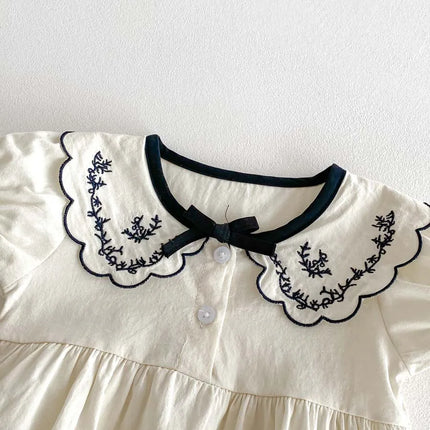 Baby Summer Embroidered Lapel Short Sleeve Triangle Jumpsuit Girl Baby Sweet Cute Jumpsuit with Bow for Summer Toddlers and Baby