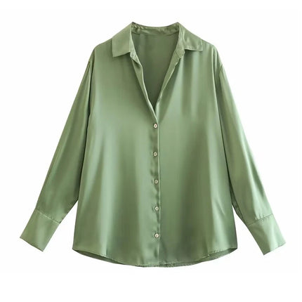 Classic Silk Satin Feel Shirt New Spring Collection Long Sleeve Polyester Fabric Women's Premium Fashion Regular Length