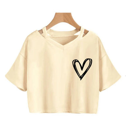 Women's Sexy Crop Tops with Heart Print Short Sleeve Cropped T Shirt Drawstring Graphic T-shirt Fashion T-shirt Clothes