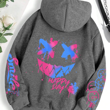 Happy Day Graffiti Print Women Hoodie Street Hip Hop Hoody Fashion Crewneck Versatile Hoodies Vintage Oversize Clothes Female