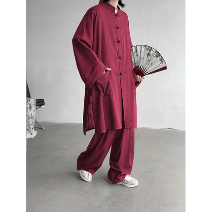 New Chinese Style Men's Shirt and Pants Set Retro Spring Autumn Youth Chinese Style Clothing Polyester Fiber Machine Washable
