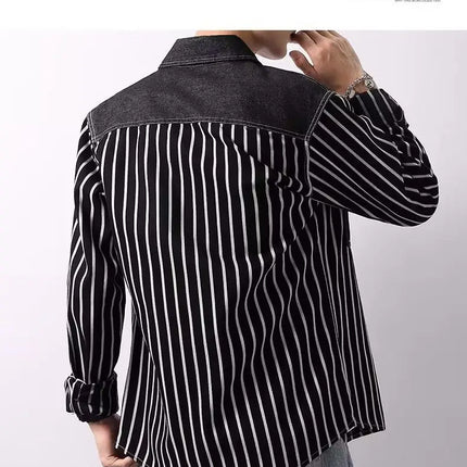 2024 New Spring and Autumn Youth Collection Commuting and Leisure Versatile Contrast Stripe Pocket Long Sleeved Men's Shirt Top