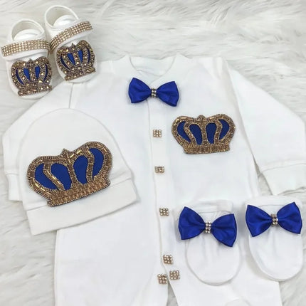 Dollbling Royal Bling Jewelry Crown Gift Clothing Sets Welcome Home Baby Rompers Mittens Bonnet Pajamas Outfit 4pcs Layette