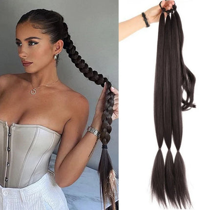 Long Braided Ponytail with Elastic Hair Tie 30 Inch DIY Box Braiding Ponytail Extension Synthetic Braids Fake Tail for Women