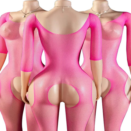 One Piece Crotchless Babydolls For Sexy Lingerie Women Long Sleeve Bodystocking Mesh Hollow Babydoll Dress Rose Erotic Underwear