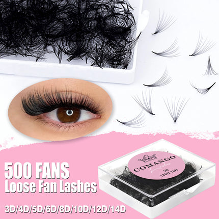 CoMango 500Fans Promade Fans Eyelashes Extension Bulk 3/6/7/10/12/14/16D  Pointy Stem 0.05/0.07 C/D Curl  Premade Volume Fans