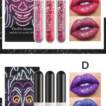 3pcs Glitter Lipstick Set Waterproof Sexy Blue Purple Black Lip Gloss Shiny Lip Tint Halloween Lip Makeup Tool Korean Cosmetics