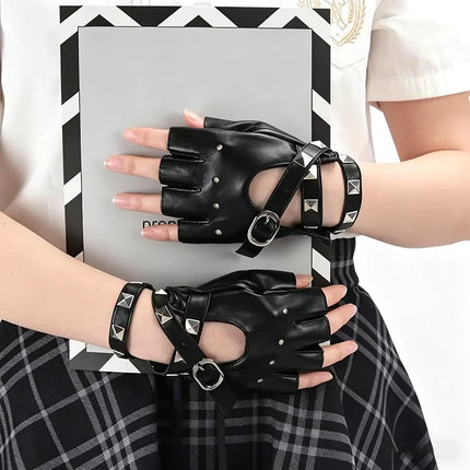 Punk Style Willow Nail Leather Half Finger Gloves for Women Cool Sexy Rock Dance Gloves Sexy Wrist Wrapping Hollow Gothic Gloves