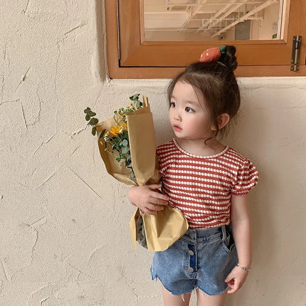 2024 Summer New Korean Style Baby Girls Striped T-shirts Bowknot Backless Puff Sleeve Tops Toddlers Kids Tees