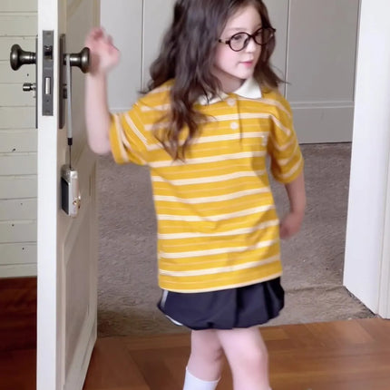 Children's Collar Polo Shirt 2025 Summer Boys and Girls Korean Edition Casual Contrast Striped T-shirt Top