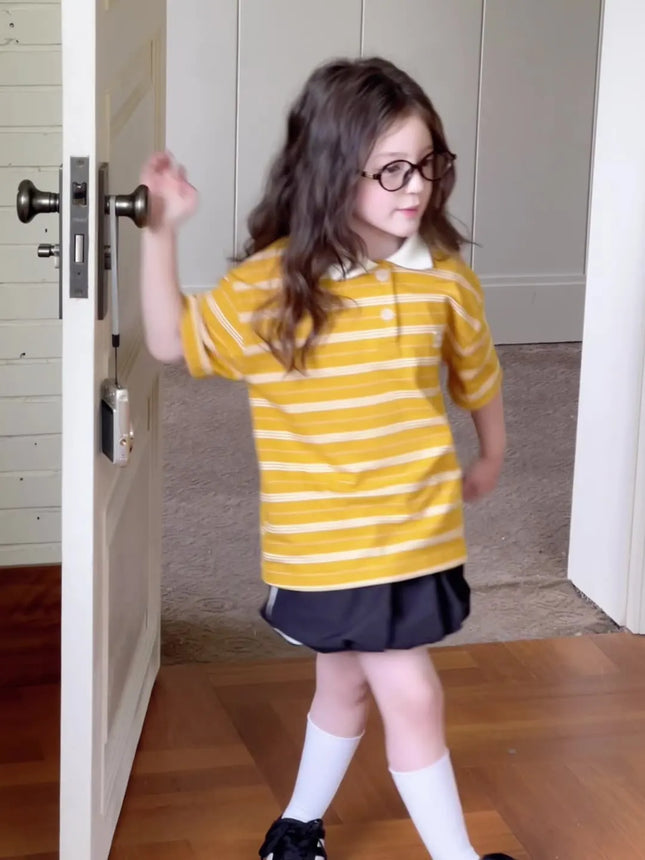 Children's Collar Polo Shirt 2025 Summer Boys and Girls Korean Edition Casual Contrast Striped T-shirt Top
