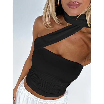 Hugcitar Women Elegant Halter Scarf Strapless Ruched Solid Sexy Slim Crop Tank Top 2025 Summer Casual Clothes Streetwear Party