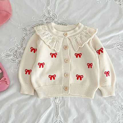 Autumn Cardigan Versatile Girl Baby Embroidered Bow Sweater Lotus Leaf Collar Knitted Pure Cotton Baby Girls Cardigan Coat