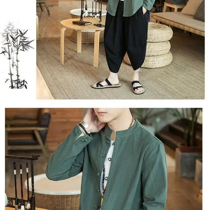 Versatile Loose-fit Long Sleeve Shirt Men's Casual Chinese Style Tang Suit Jacket Summer Lightweight Linen Top