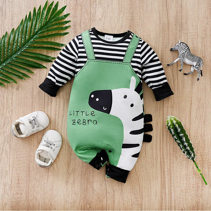 Newborn baby spring and autumn leave 2 pieces braces, long-sleeved cartoon stripe zebra round neck soft and comfortable one-piec