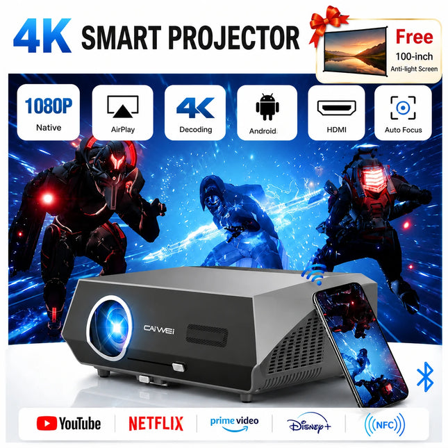 4K autofocus movie projector 3800 ANSI 2.4+5G WiFi Bluetooth 1080P Full HD HDR Android TV video daytime projector home theater