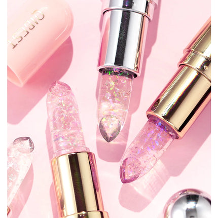 QIBEST Glitter Lipstick Lip Balm Color Change Transparent Moisturizing Crystal Jelly Pearlescent Lip Plumper Gloss Tint Cosmetic