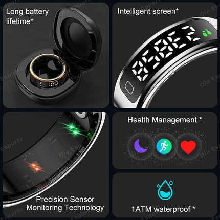 Smart Ring With Charging Case 5ATM Waterproof Blood Oxygen Heart Rate Sleep Health Monitoring Sports Ring Men Women Fashion Ring