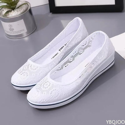 2025 new Summer Mid Wedge Heel comfortable shoes Lace Hollow Breathable Solid color Fashionable Women's Flat Shoes