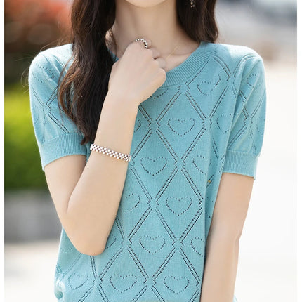New Summer Fashion 100% Pure Cotton Women's Sweater Short sleeved Casual O-neck Pullover T-shirt Loose Knitted Hollow Top