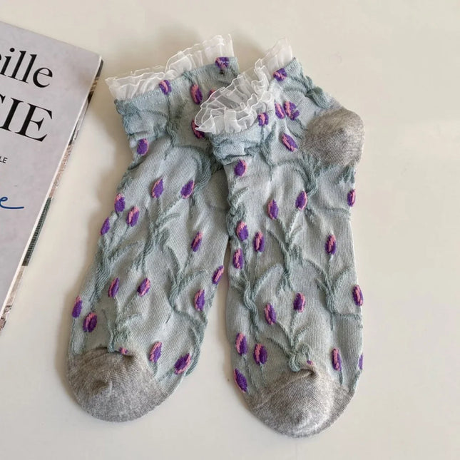 5 Pair Sweet Cute 3D Stereoscopic Flower Women's Socks Set Fashion Lace Edge Short Socks Spring Summer New Woman Streetwear