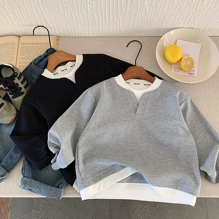Children Sweater 2025 Autumn Spring Sweatshirts for Kids Boys Fake 2pcs Jumper Baby Casual Tops Girls Pullovers Toddler Clothes