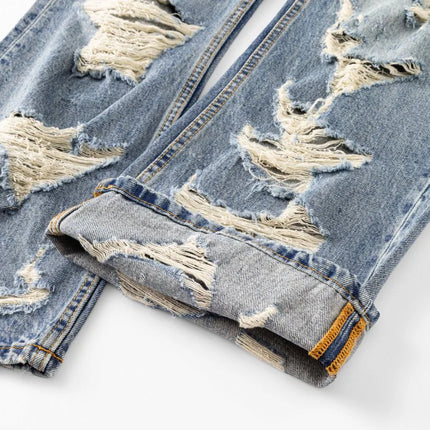 Spring Summer Broken Hole Denim Beggar Jeans Men Streetwear Fashion Hip Hop Loose Casual Baggy Ripped Jeans Pants Trousers