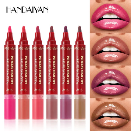 Double Head 2-in-1 Lip Pencil Liquid Liner Gloss Mirror Plump Oil Nude Waterproof Tint Moisturizing Lasting