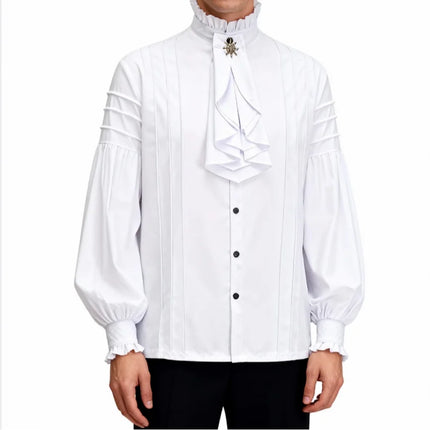 White Cotton Ruffled Stand Collar Long Lantern Sleeves Pirate Cosplay Victorian Man Shirt Medieval Clothes Gothic Vintage Top