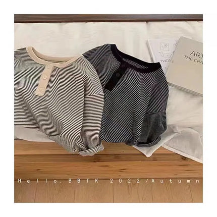 Children's Spring Autumn Long Sleeved T-shirt Boys Girls Korean Striped Children's Base Layer Shirt Baby Simple Top