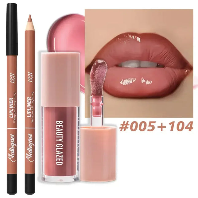 Waterproof 2Pcs Long-Lasting Matte Lip Makeup Set - Lip Liner & Glaze Combo with Pencil Texture, Red, Brown, Pink, Nude Tones