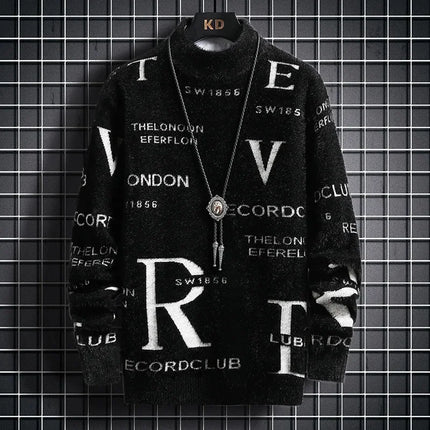 Men's Autumn Winter Fleece Lined Knitted Half High Collar Sweater Letter Pattern Thick Warm Casual Wear for All Seasons