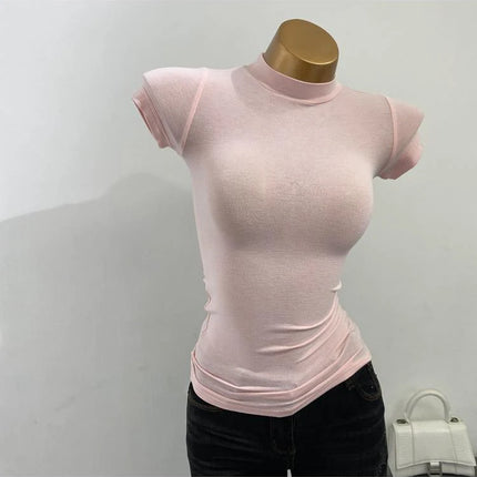 Korean Transparent Short-Sleeved Slim-Fit Elastic Solid Color Bottoming T-shirt with Half-High Collar - Sexy Big Chest T-shirt