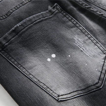 European American Style Fashion Brand Jeans Men Slim Jeans Pants Mens Black Denim Trousers Zipper Blue Hole Pencil Pants Jeans