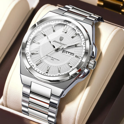 POEDAGAR Top Fashion Men Watches Stainless Steel Waterproof Luminous Classic Male Watch Date Week Men's Quartz Wristwatch Reloj