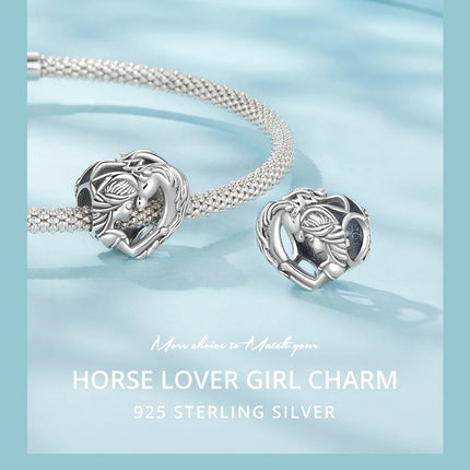 WOSTU Solid 925 Sterling Silver Lovely Girl & Horse Charm Heart Guardian Pendant Fit DIY Bracelet Necklace Heart Jewelry Series