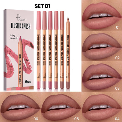 1 set of 6pcs  - Matte velvet lip liner pen set, waterproof, long-lasting and non-fading, suitable for various makeup looks