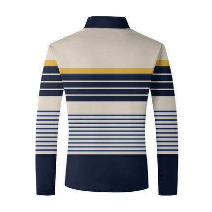 Men's long-sleeved striped polo shirt, men's high tie button, double-sided German velvet shirt for winter