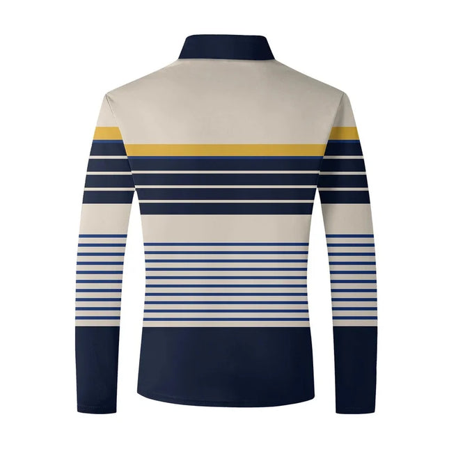 Men's long-sleeved striped polo shirt, men's high tie button, double-sided German velvet shirt for winter