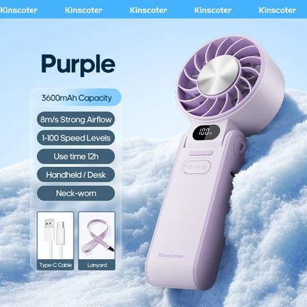 Kinscoter New Cooling Handheld Fan 3600mAh Foldable Portable Fan 100-level Free Control High Speed Mini Personal Fan w/ Lanyard