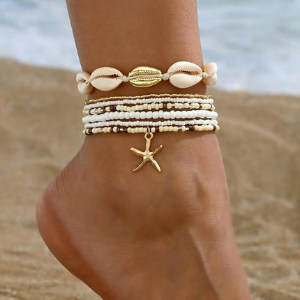 Summer Ankle Bracelet Set for Women, Gold Plated Boho Bead Adjustable Anklet, Hawaiian Beach Shell Starfish Foot Jewelry Gifts