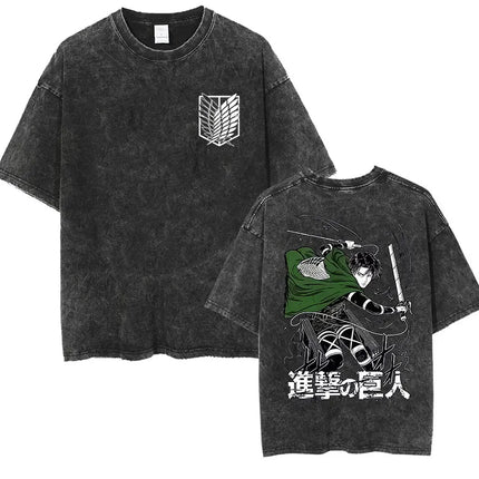 Anime Attack on Titan Vintage Washed Print T-shirt Mikasa Ackerman Eren Jaeger Wings of Freedom Logo Men's Summer Cotton T-shirts