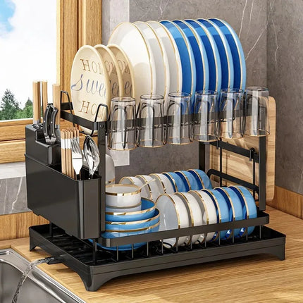 Double-layer large-capacity dish drain rack | With water guide tray, rust-resistant and durable, kitchen countertop storage rack